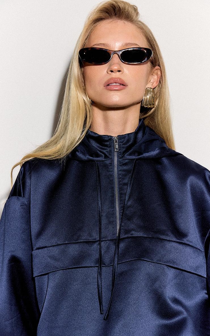 Navy Satin Zip Up Hooded Pullover Jacket Product Image