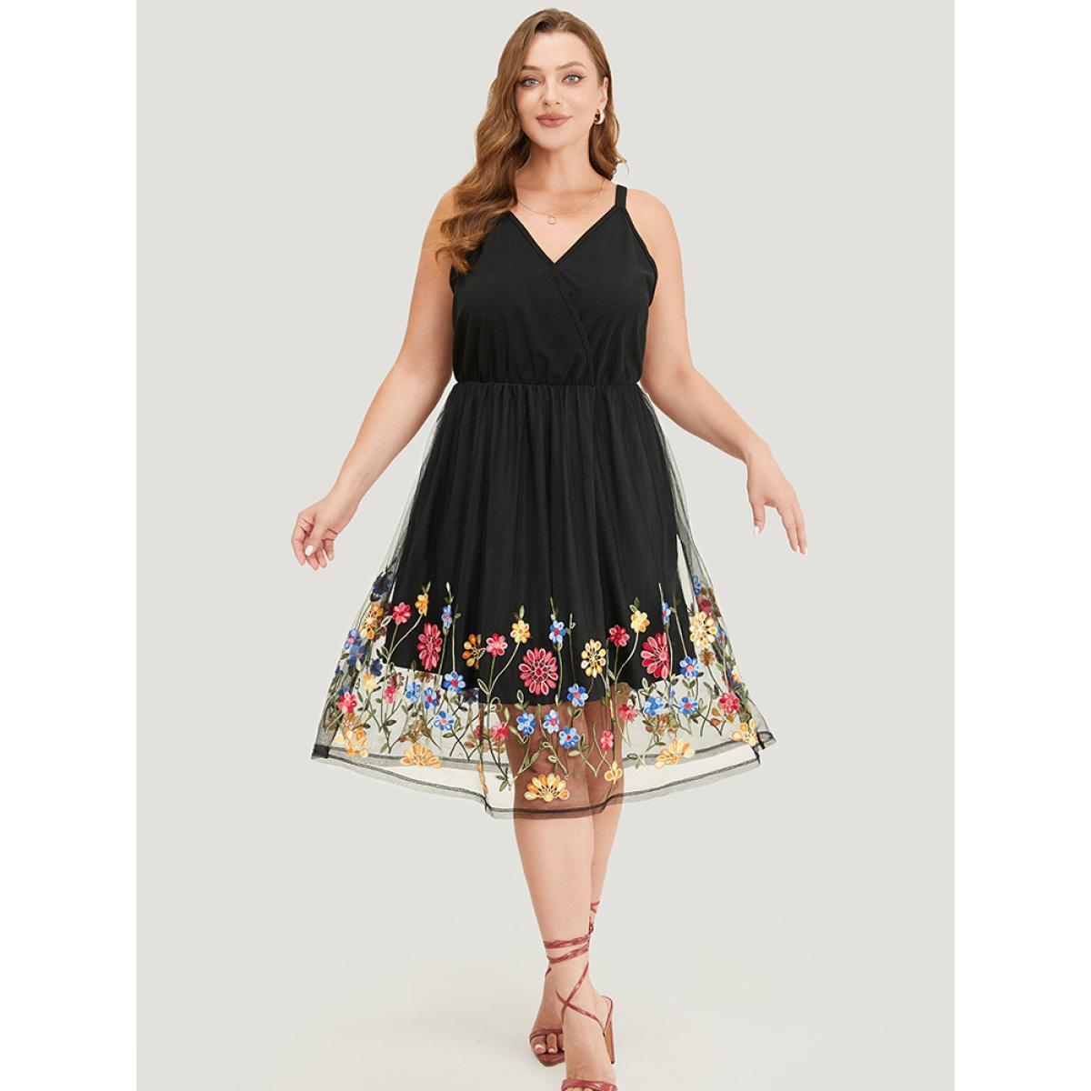 Plus Size Floral Embroidered Mesh Overlay Pocket Wrap Dress Black Women Glamour Lined Spaghetti Strap Sleeveless Curvy Midi Dress BloomChic 10/M Product Image