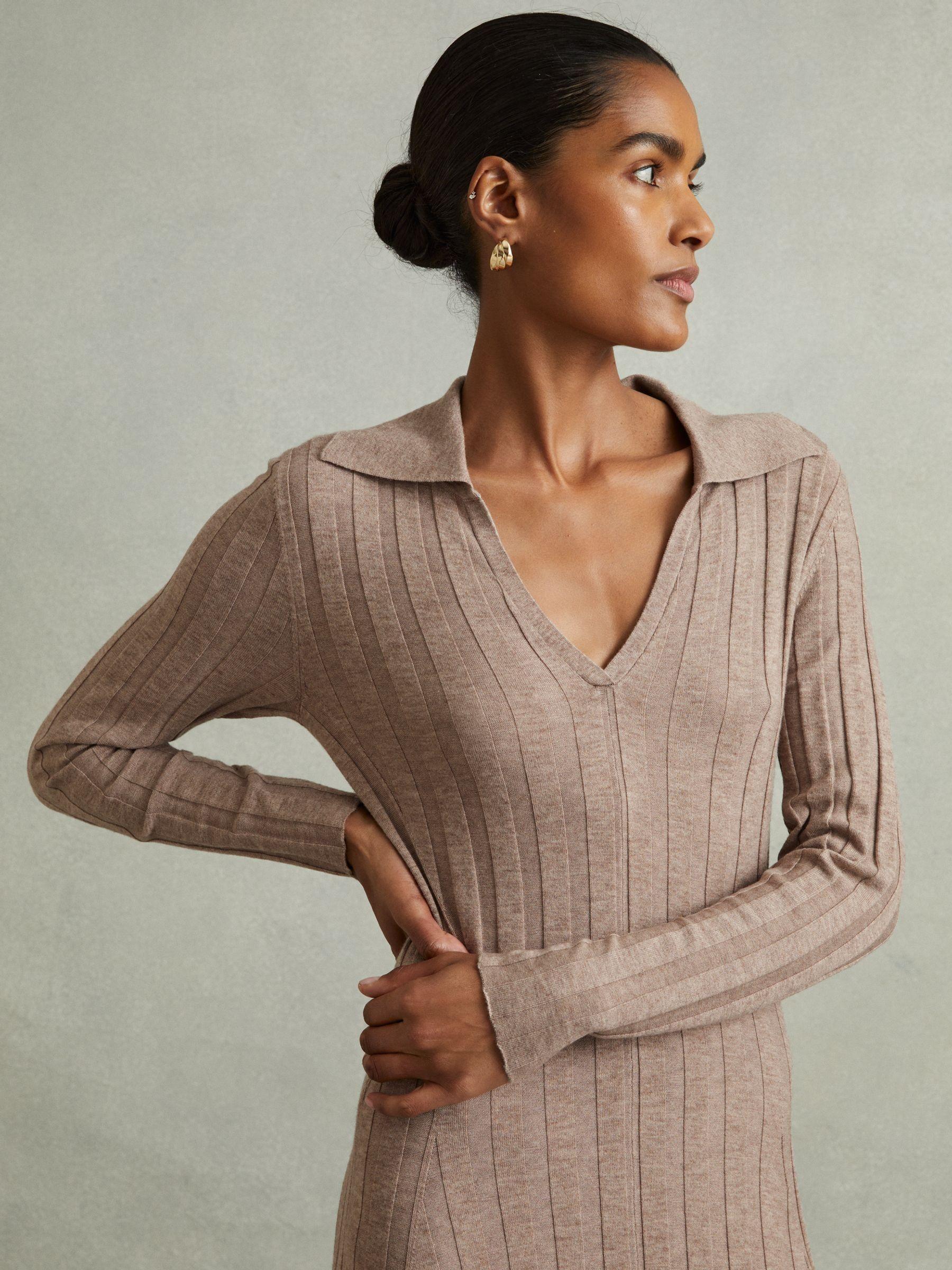 Petite Knitted Open-Collar Midi Dress in Neutral Product Image