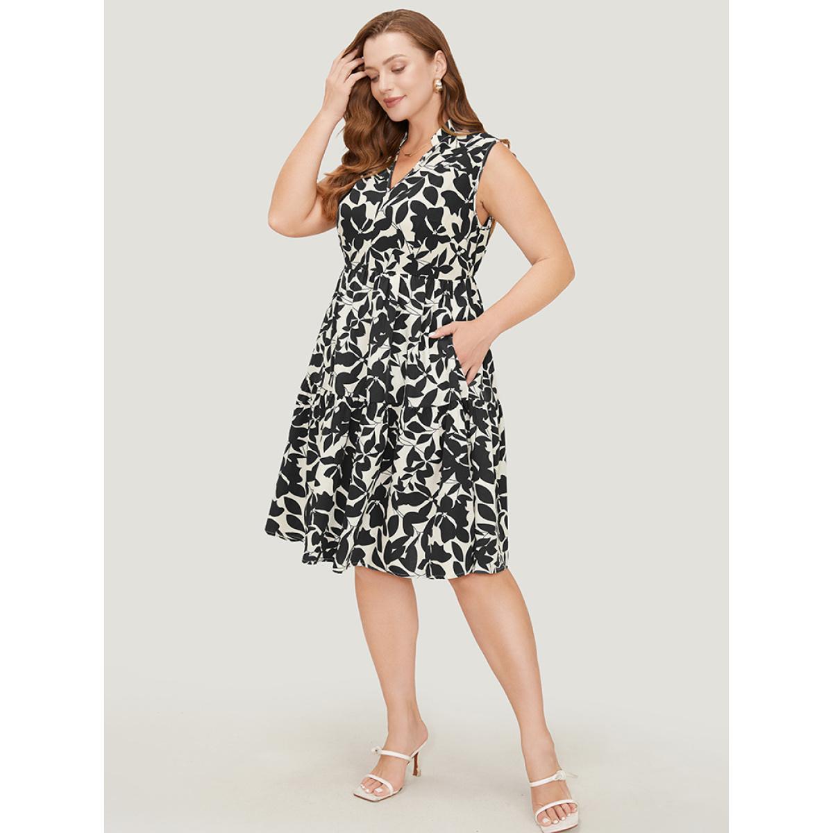 Plus Size Floral Ptrint Pocket Ruffle Tiered Stand Collar Tank Dress Black Women Elegant Tiered Stand-up collar Sleeveless Curvy Knee Dress BloomChic 10/M Product Image