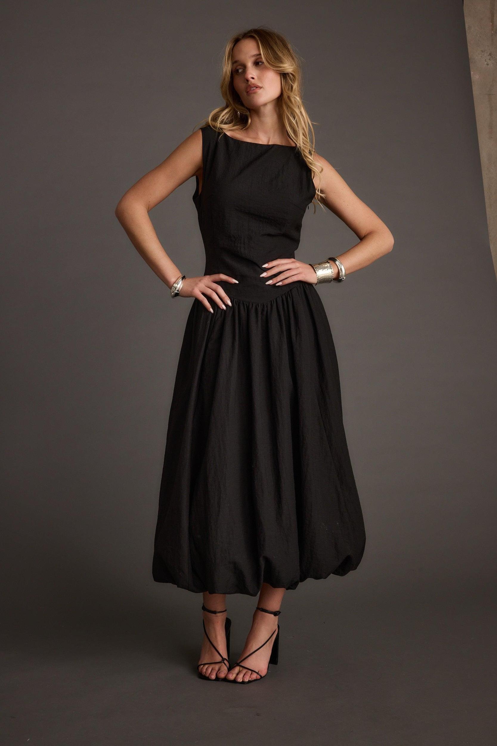 Kate Black Drop Waist Bubble Hem Midi Dress Product Image