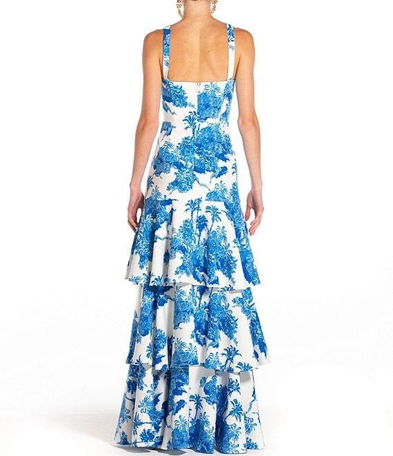 Mestiza New York Torero Tropical Palm Toile Print Square Neck Shoulder Strap Tiered Ruffled Maxi Dress Product Image