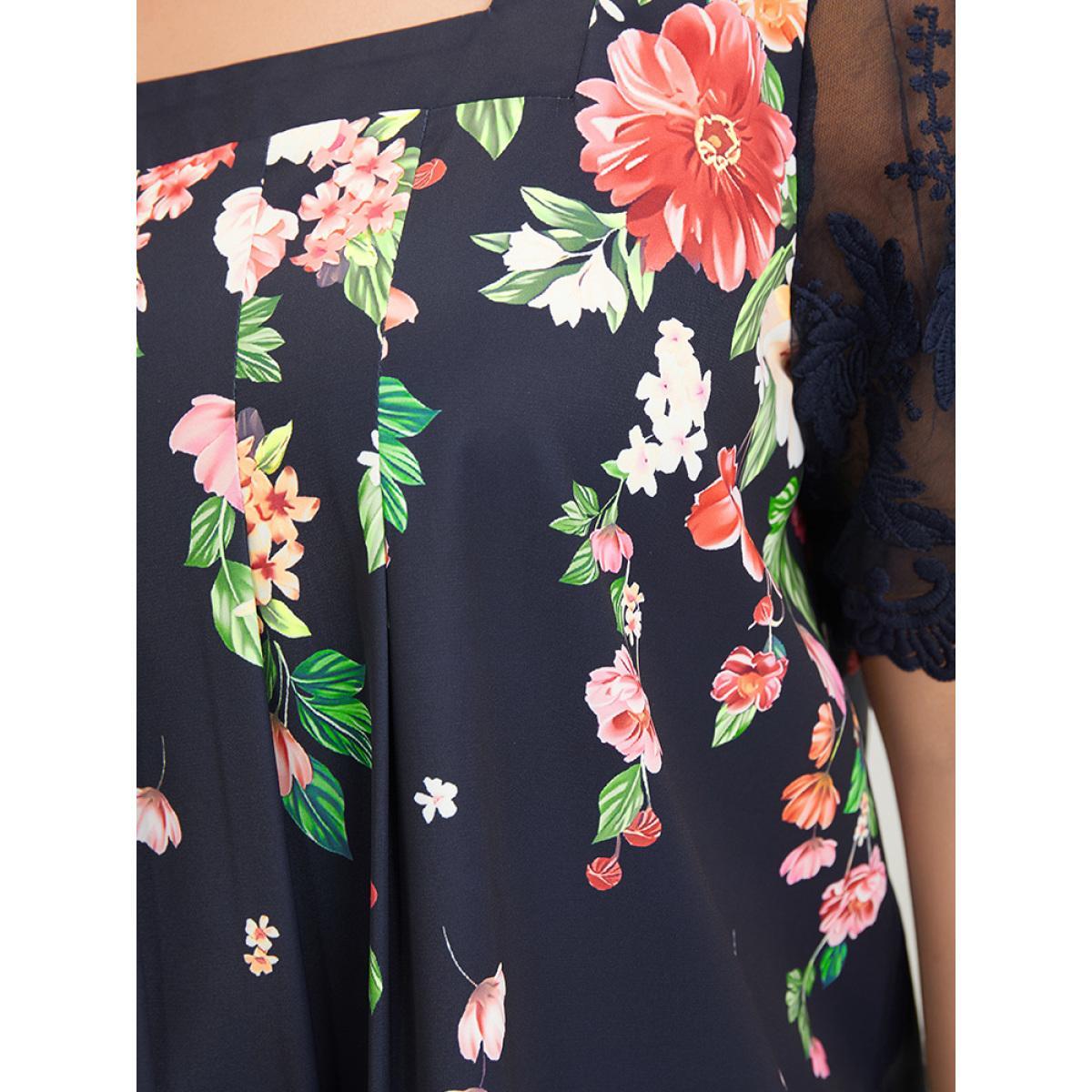 Plus Size Indigo Floral Pleated Mesh Lace Sleeve Square Neck Blouse Women Vacation Short sleeve Square Neck Dailywear Blouses BloomChic 18-20/2X Product Image