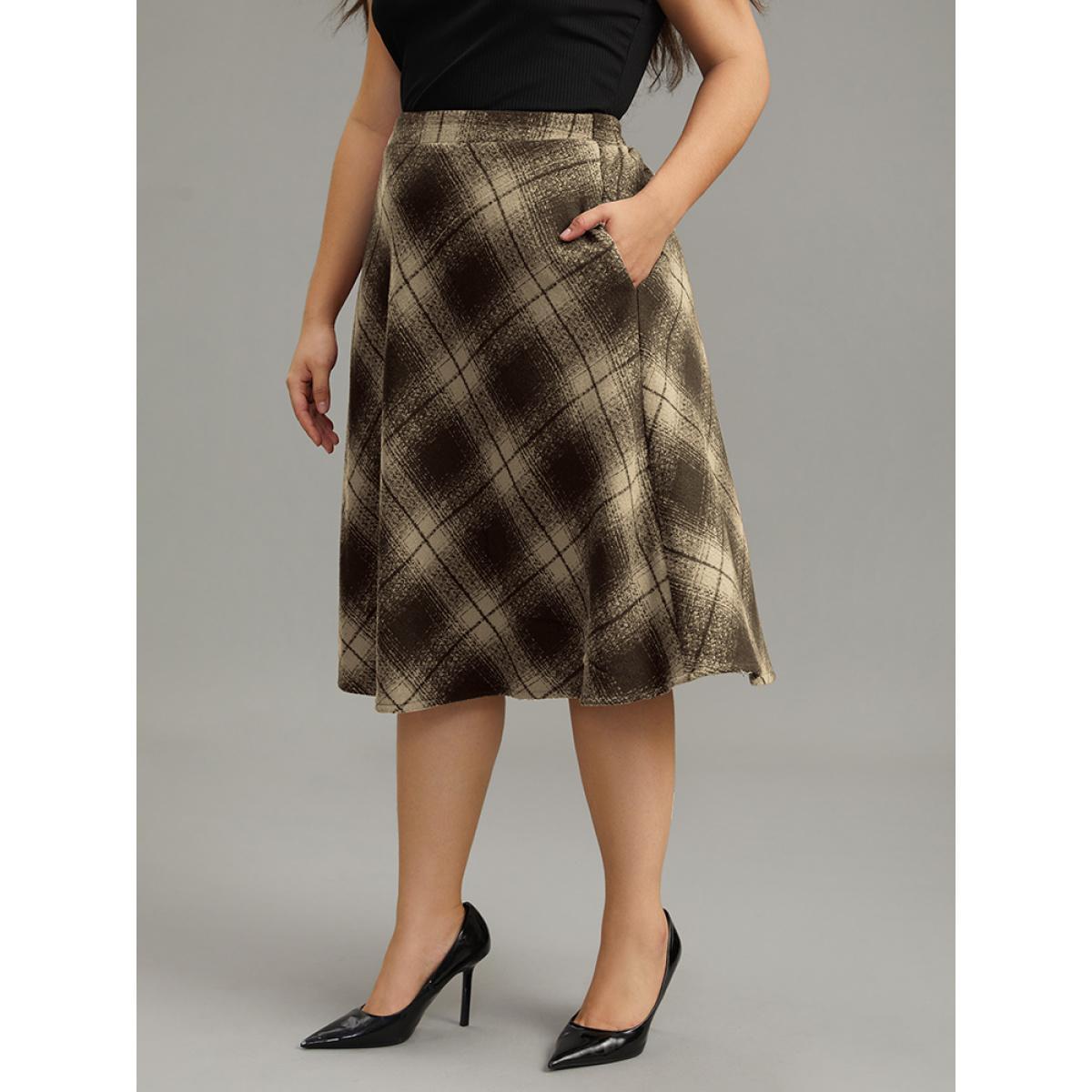 Plus Size Plaid Pocket Elastic Waist Skirt Women Brown Casual A-line No stretch Pocket Everyday Skirts BloomChic 30/6X Product Image