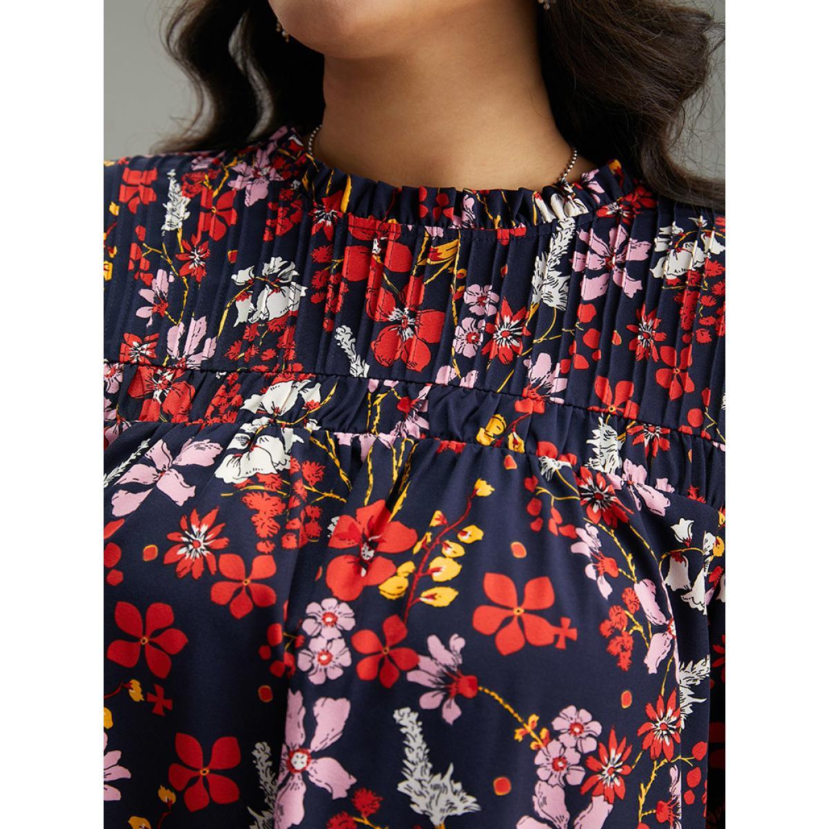 Plus Size Multicolor Floral Print Frill Trim Cut Out Blouse Women Elegant Elbow-length sleeve Round Neck Everyday Blouses BloomChic 22-24/3X Product Image