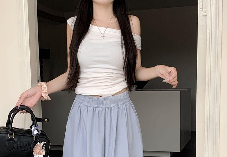 Elastic Waist Plain Wide Leg Pants Product Image