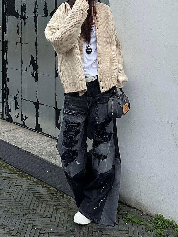 Mid Rise Paneled Ripped Washed Flared Jeans Product Image