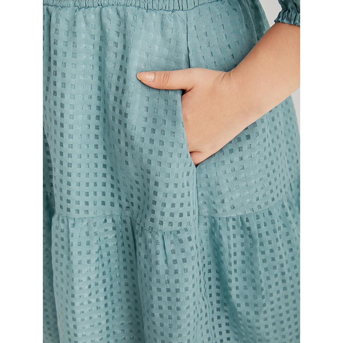 Plus Size Plain Gathered Texture Shirred Pocket Lantern Sleeve Dress Cerulean Women Elegant Elastic cuffs Square Neck Elbow-length sleeve Curvy Midi Dress BloomChic 22-24/3X Product Image