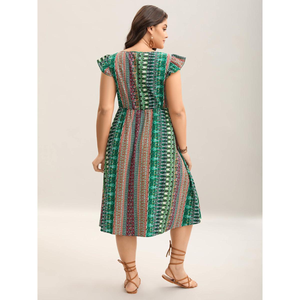 Plus Size Boho Stripes Pockets Flutter Midi Dress Emerald Women Heart neckline Cap Sleeve Curvy BloomChic 28/5X Product Image