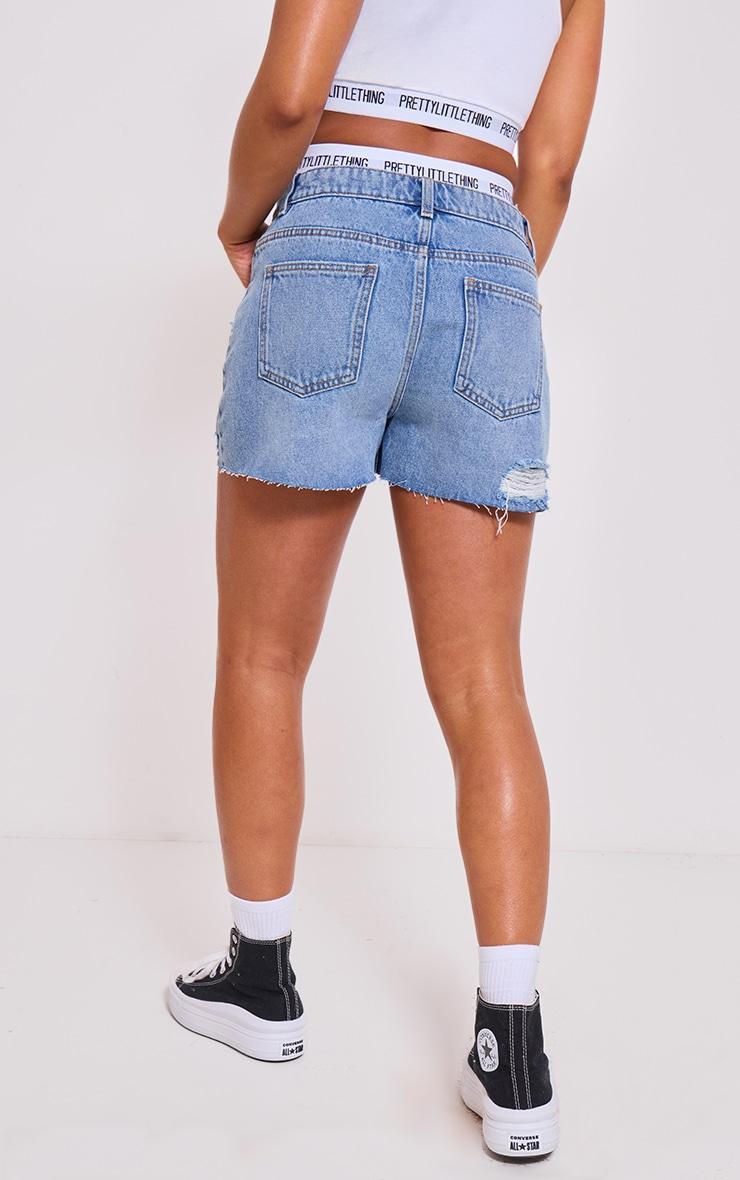Mid Blue Wash Distressed High Rise Mom Denim Shorts Product Image
