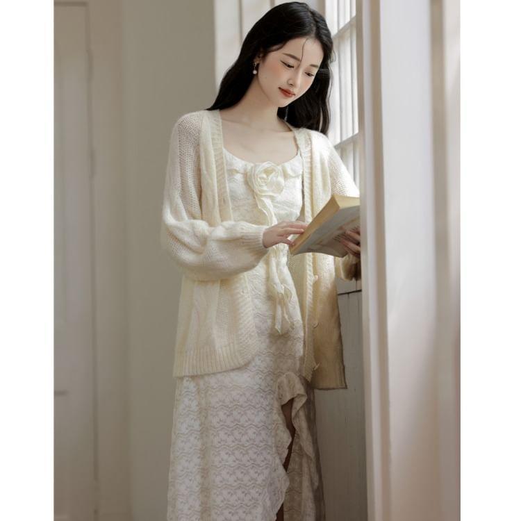 Spaghetti Strap Flower Accent Slit Midi A-Line Dress / V-Neck Cardigan / Set Product Image