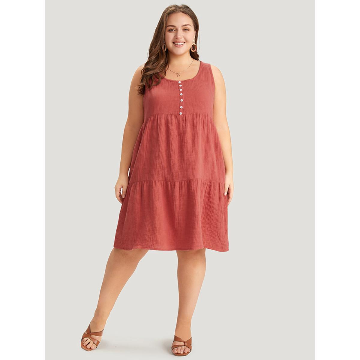 Plus Size Solid Button Detail Layered Hem Tank Dress Rust Women Vacation Button Round Neck Sleeveless Curvy Knee Dress BloomChic 18-20/2X Product Image
