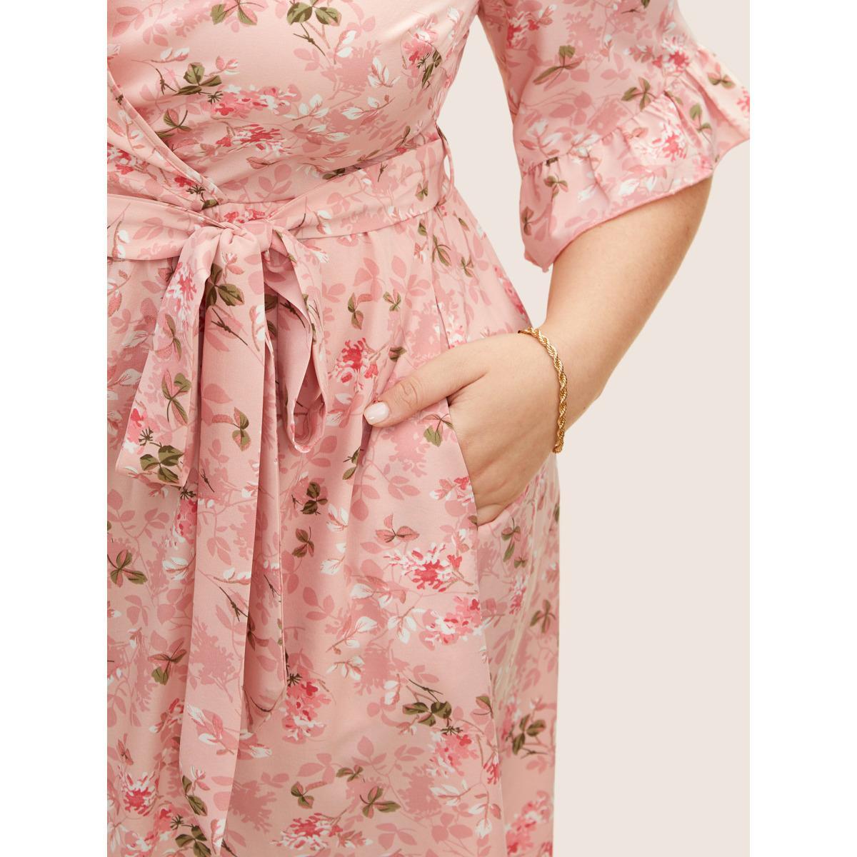 Plus Size Floral Overlap Collar Belted Ruffles Dress Lightpink Women Elegant Belted Overlap Collar Half Sleeve Curvy BloomChic 28/5X Product Image
