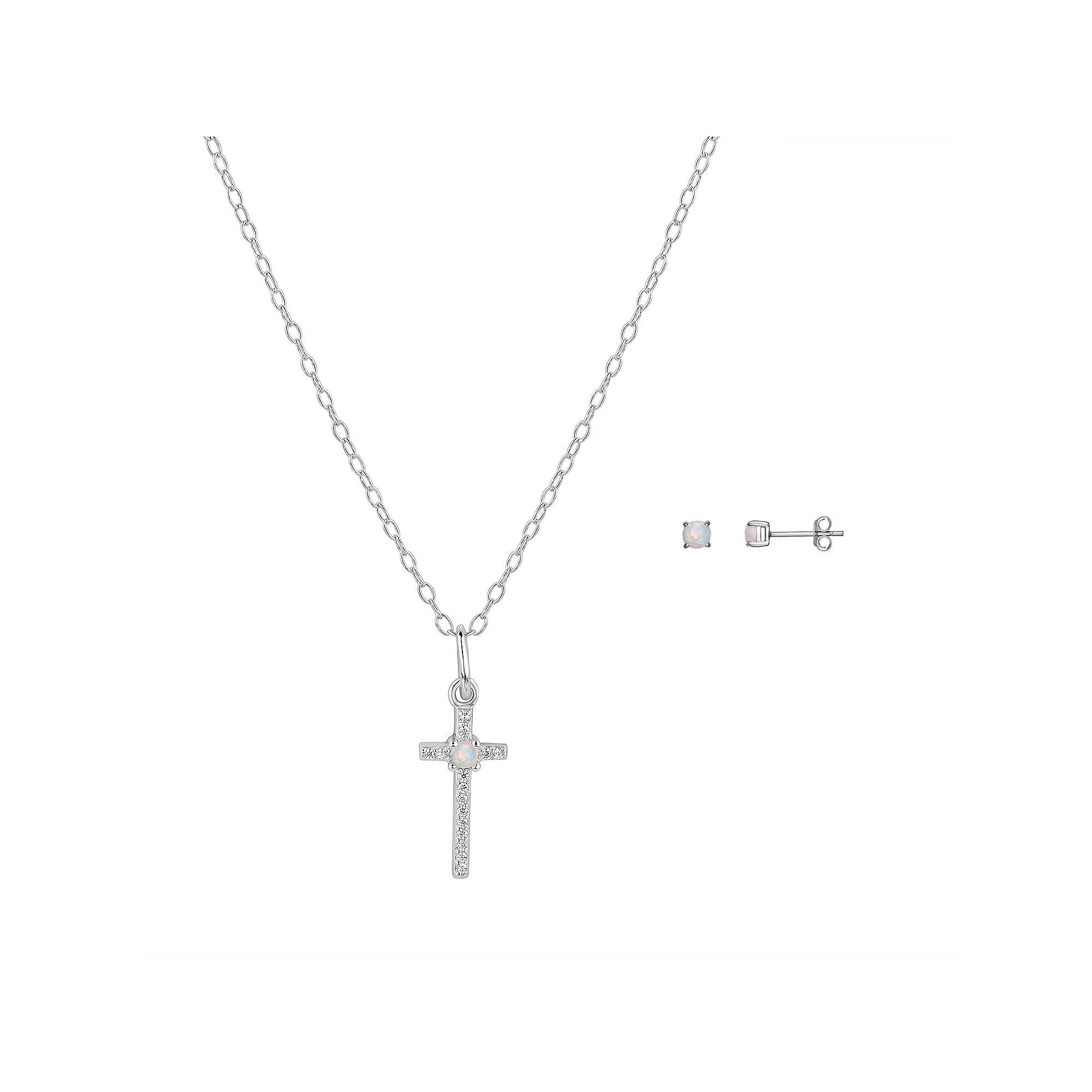 PRIMROSE Sterling Silver White Opal & Cubic Zirconia Cross Pendant & Stud Earring Set, Womens Sterling And White Product Image