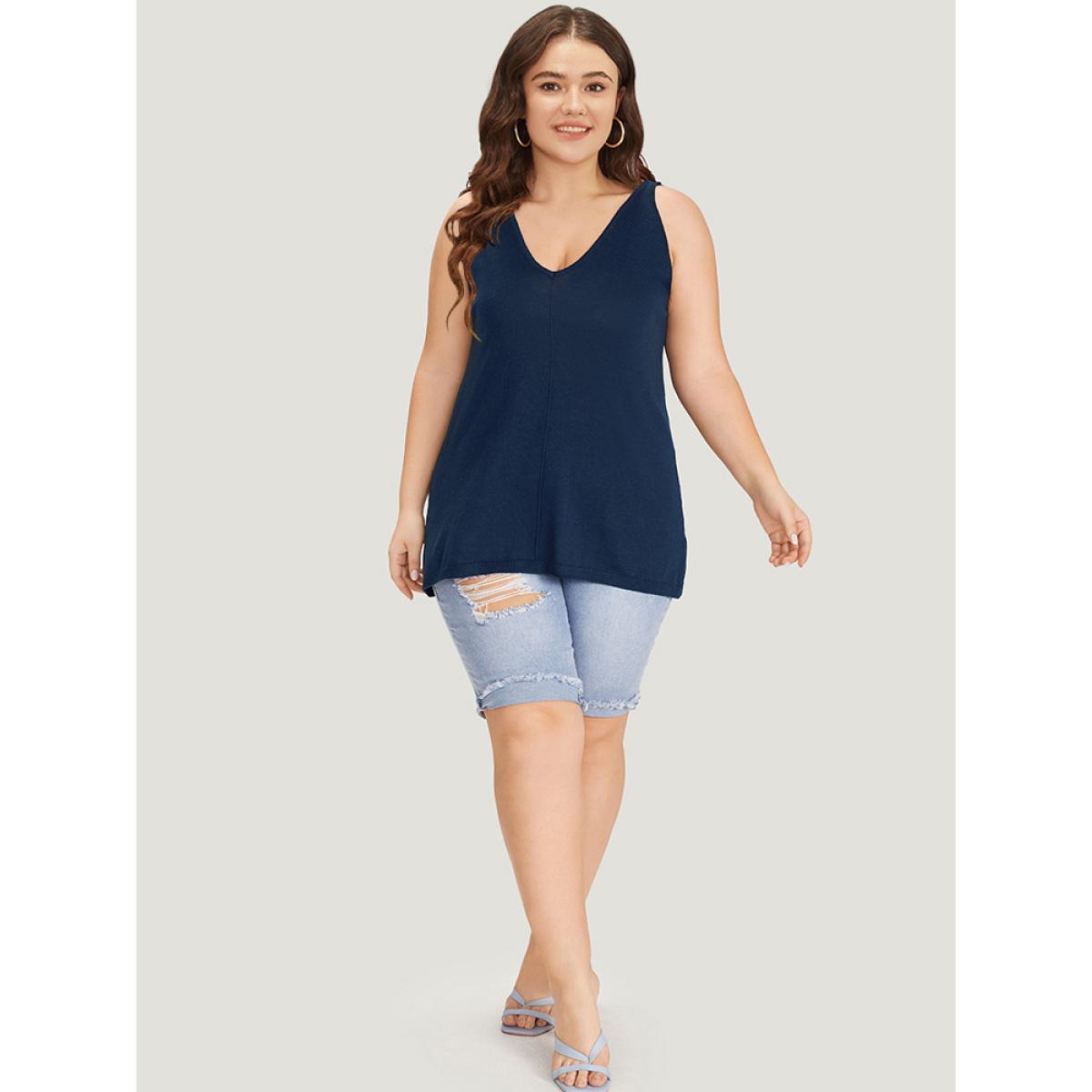 Plus Size Supersoft Essentials Solid Patchwork Sleeveless Pullover Indigo Women Casual Loose Sleeveless V-neck Everyday Pullovers BloomChic 22-24/3X Product Image