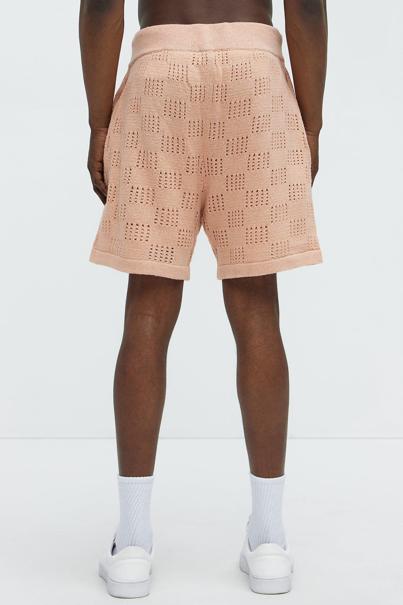 Checkered Open Knit Shorts - Pink Product Image