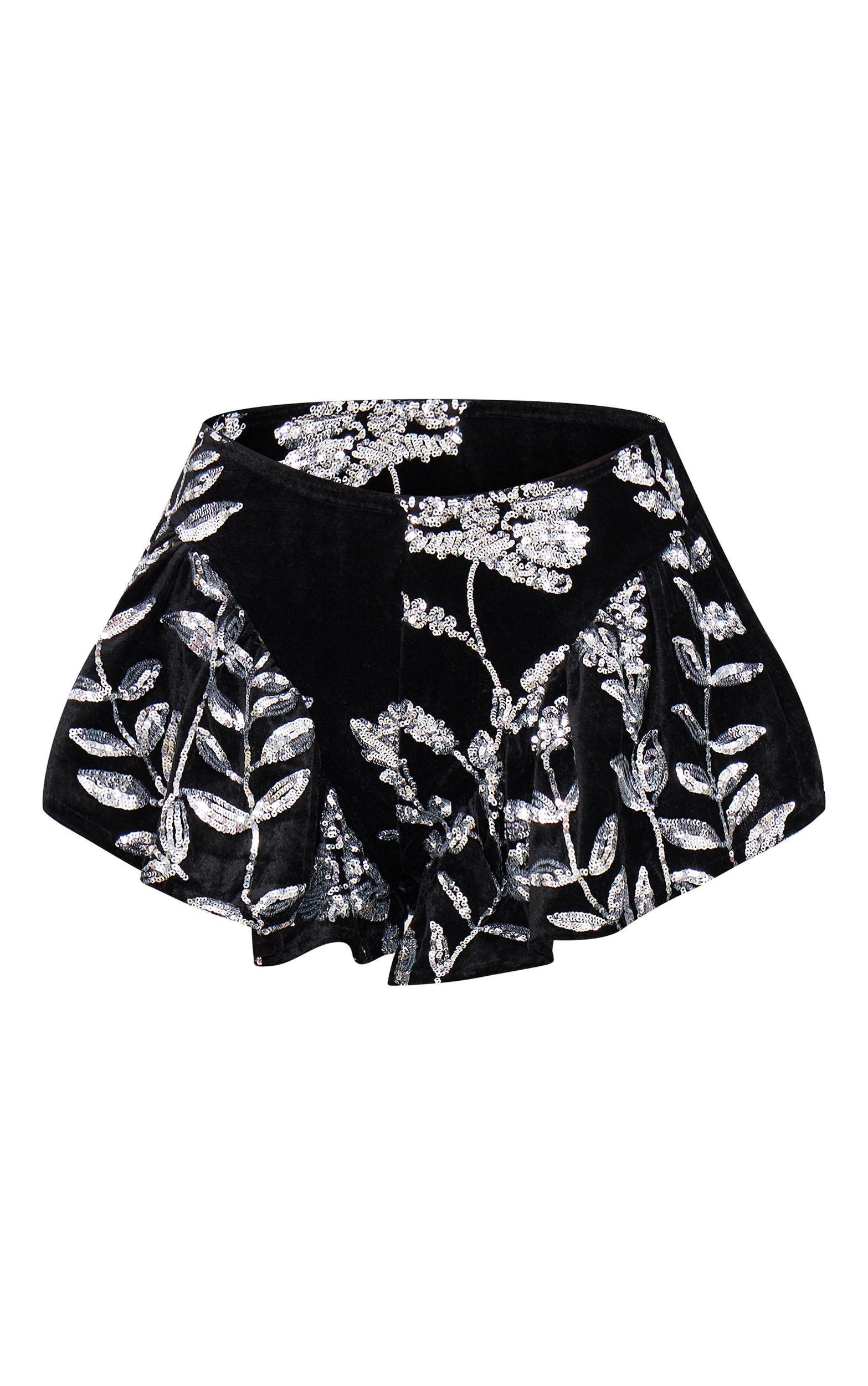 Black Velvet Floral Sequin Embellished Shorts Product Image