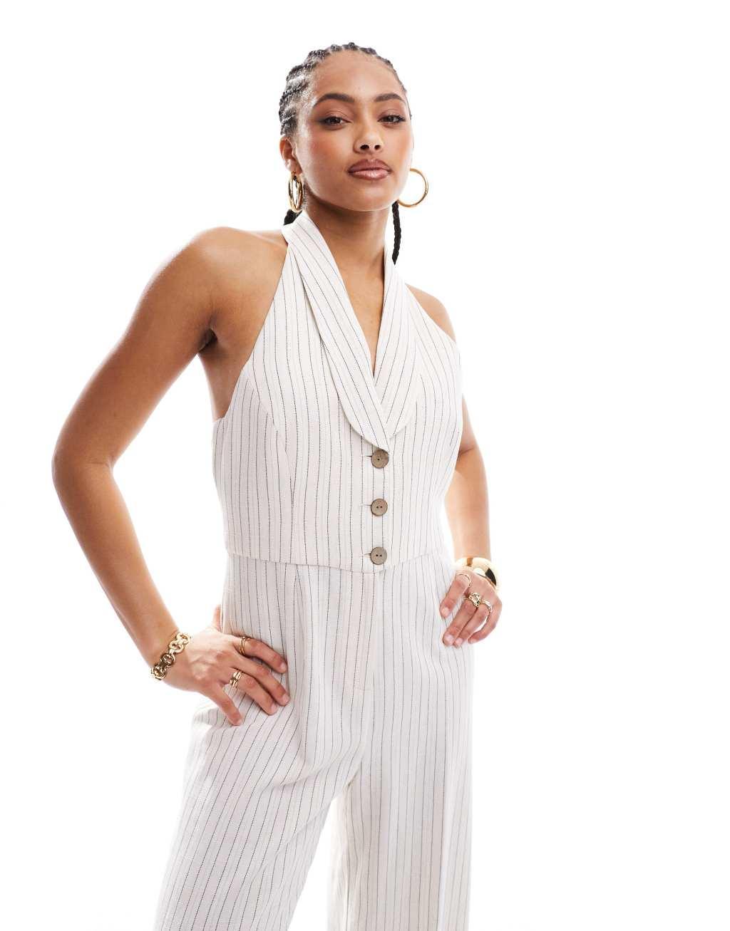 River Island stripe tailored jumpsuit in cream Product Image