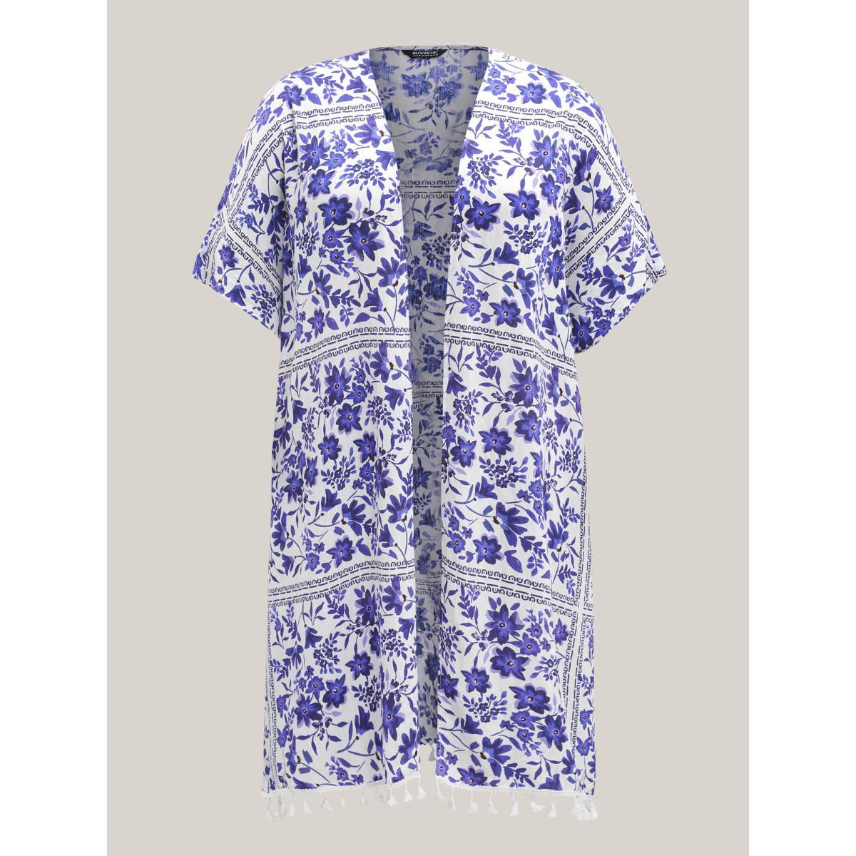 Plus Size Floral Print Lace Tassels Slit Kimono Women Brightblue Tassels Loose Vacation Kimonos BloomChic 28/5X Product Image