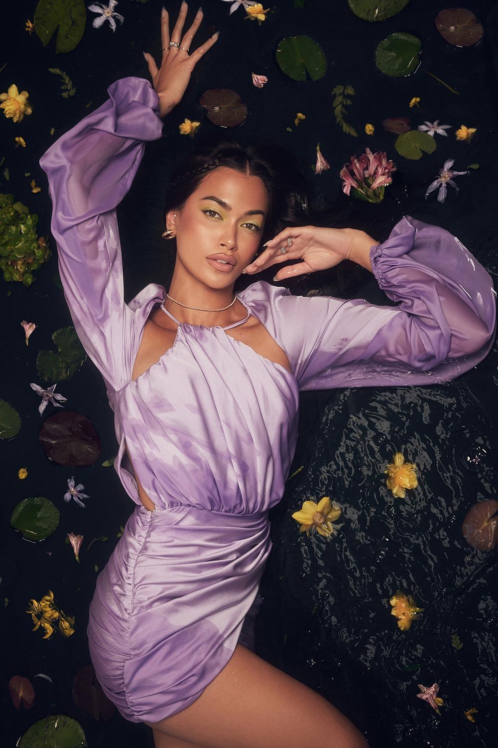 Kate  orchid satin wrap front mini dress Product Image