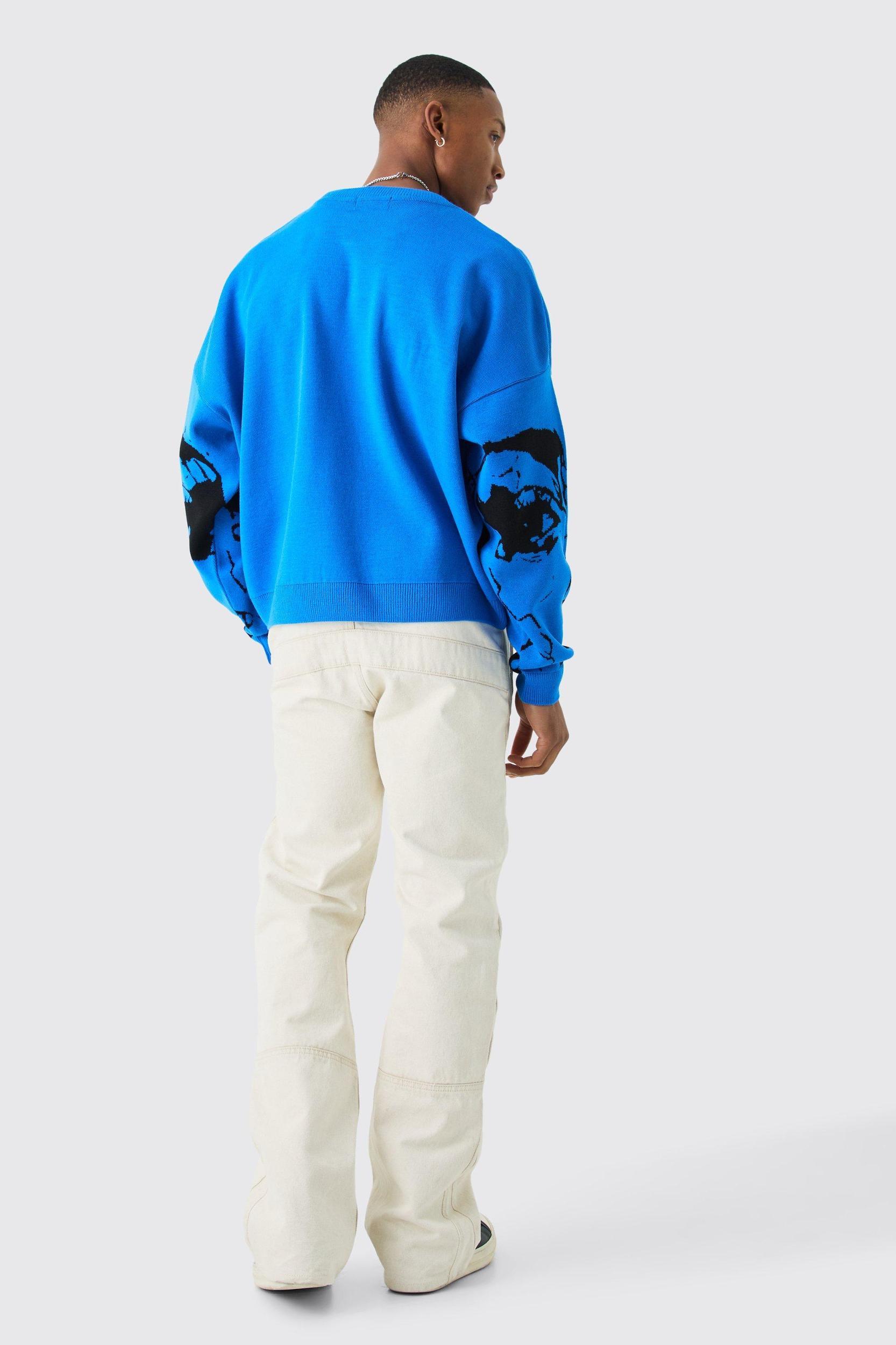 Oversized Boxy Drop Shoulder Face Jacquard Knit Sweater | boohooMAN USA Product Image