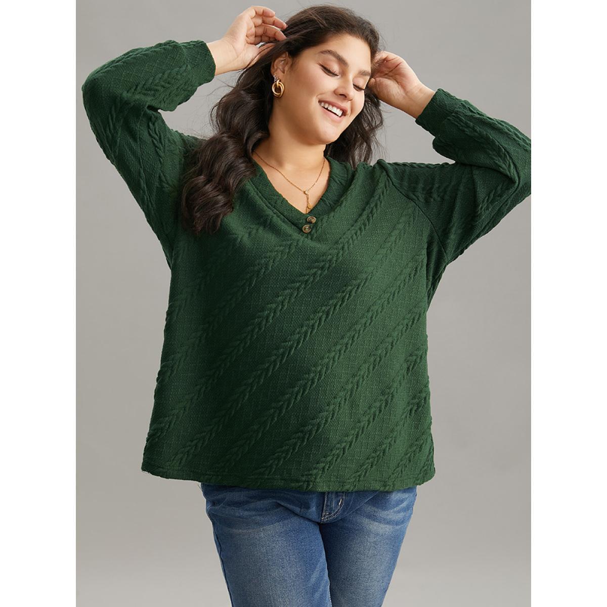 Plus Size Plisse Solid Button Detail Sweatshirt Women DarkGreen Elegant Texture V-neck Everyday Sweatshirts BloomChic 18-20/2X Product Image