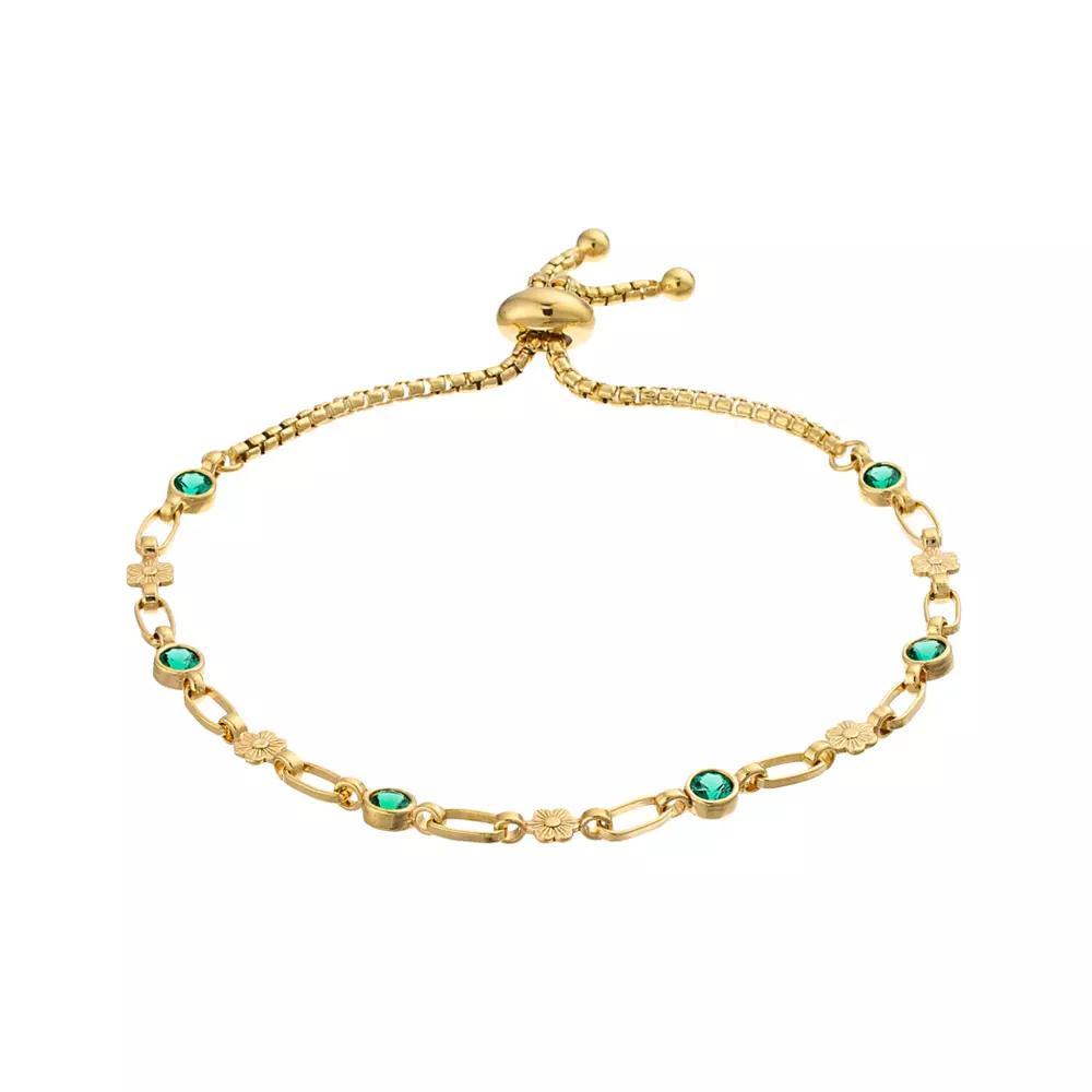 Kristen Kesho Sterling Silver Lab-Created Emerald & Flower Link Adjustable Bolo Bracelet, Women's, Size: 9.50, Gold Tone Product Image