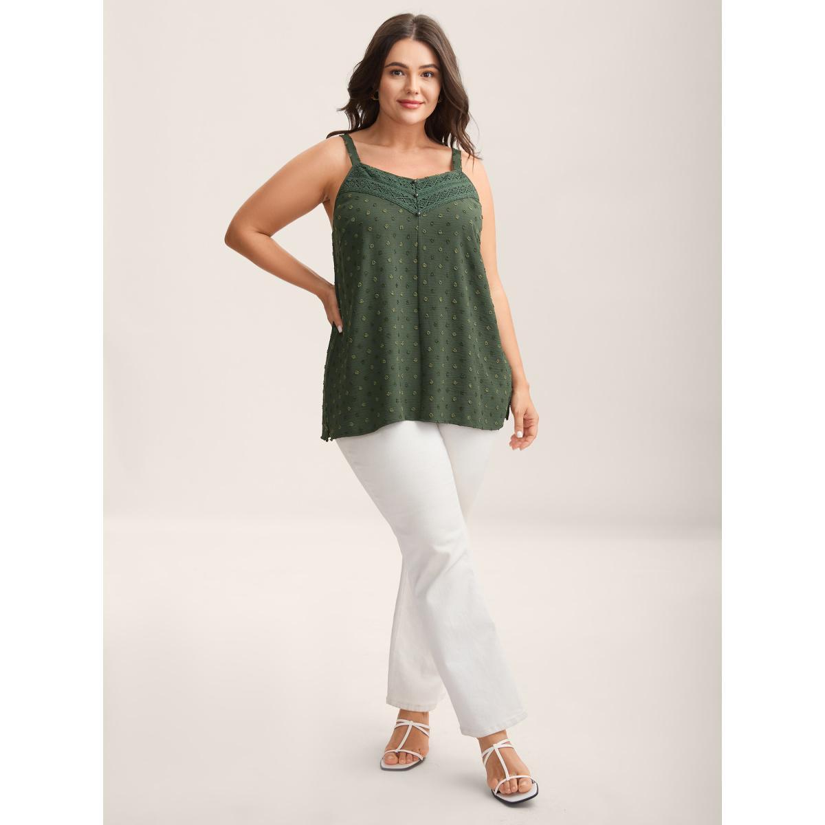 Plus Size Textured Lace Trim Neck Tank Top Women ArmyGreen Woven ribbon&lace trim V-neck Everyday-Elegant Tank Tops Camis BloomChic 22-24/3X Product Image