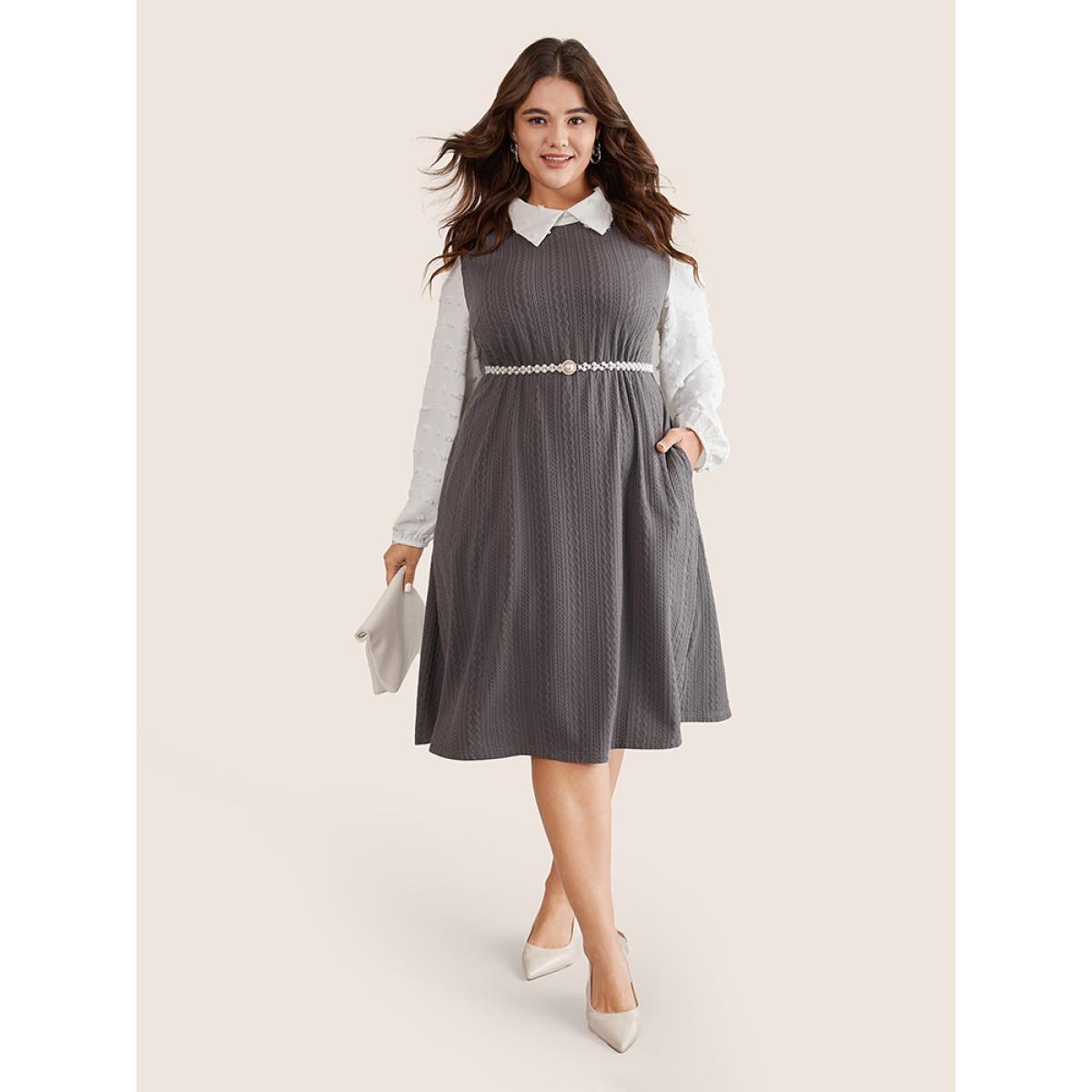 Plus Size Peter Pan Collar Contrast Textured Patchwork Dress Gray Women Office Elastic cuffs Peter Pan Collar Long Sleeve Curvy Midi Dress BloomChic 12/L Product Image