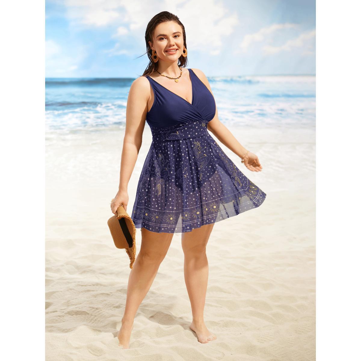 Plus Size Overlap Collar Moon & Star Patchwork Mwsh Swim Dress Women's Swimwear Indigo Beach Bodycon Overlap Collar High stretch Curve Swim Dresses BloomChic 22-24/3X Product Image