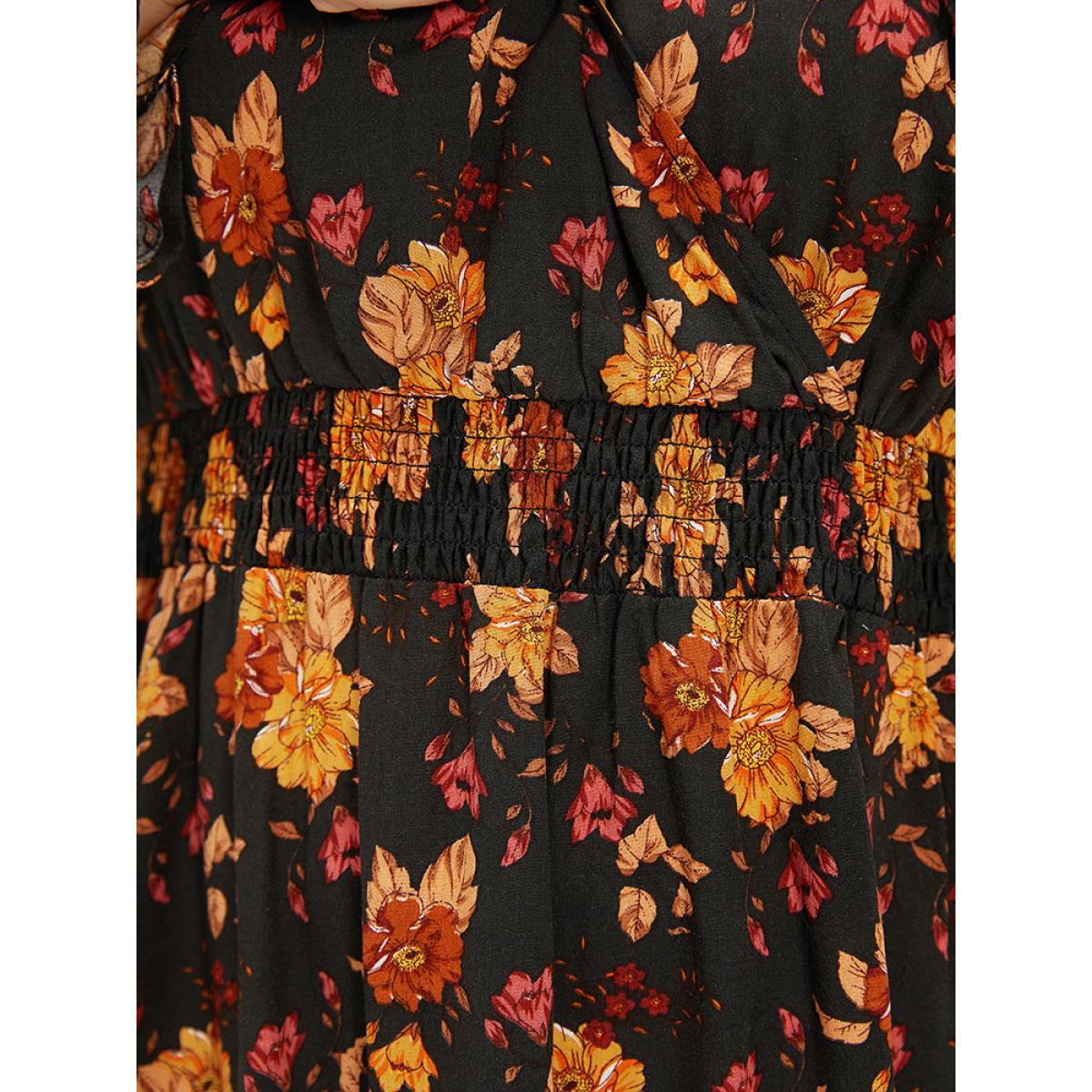 Plus Size Indigo Floral Print Wrap Shirred Lantern Sleeve Blouse Women Vacation Long Sleeve V-neck Dailywear Blouses BloomChic 10/M Product Image