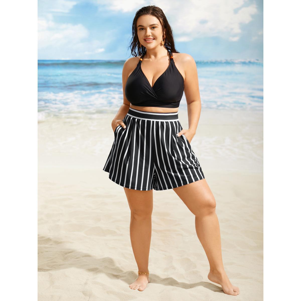 Plus Size Contrast Striped Elastic Waist Pocket Swim Bottom Women's Swimwear Black Beach Non High stretch Bodycon High Rise Side seam pocket Curve Swim Bottoms BloomChic 28/5X Product Image