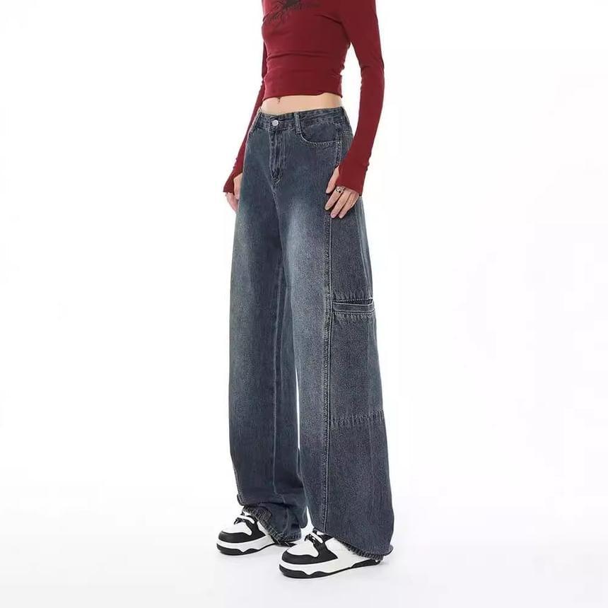 Low Rise Washed Paneled Wide Leg Jeans Product Image