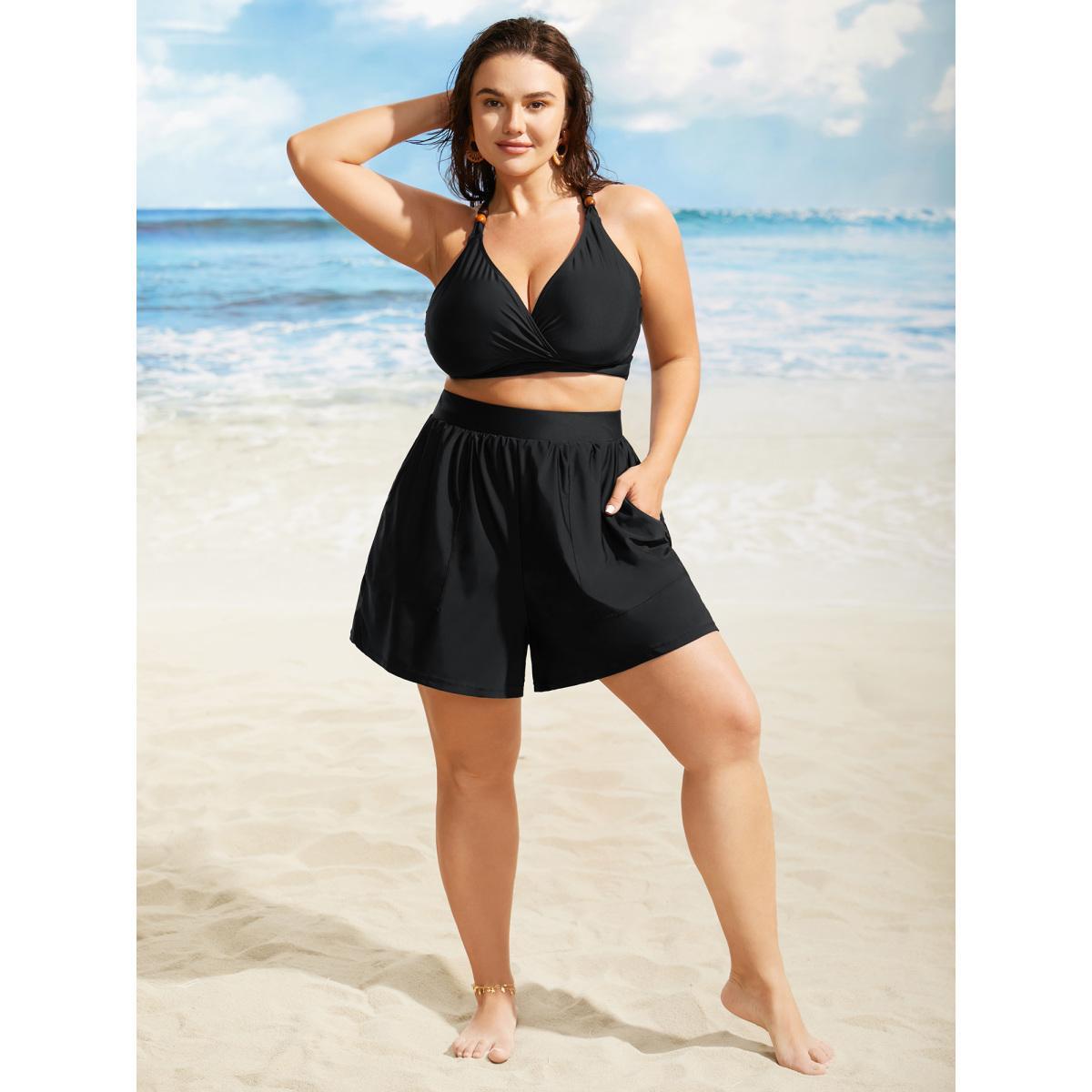 Plus Size High Rise Slanted Pocket Gathered Swim Bottom Women's Swimwear Black Beach Gathered High stretch Bodycon High Rise Slanted pocket Curve Swim Bottoms BloomChic 26/4X Product Image