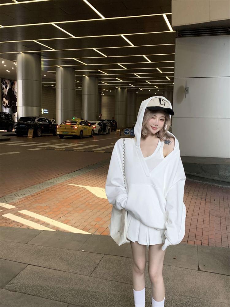 Loose Fit Plain Hoodie / Mini Pleated Skirt / Tank Top Product Image
