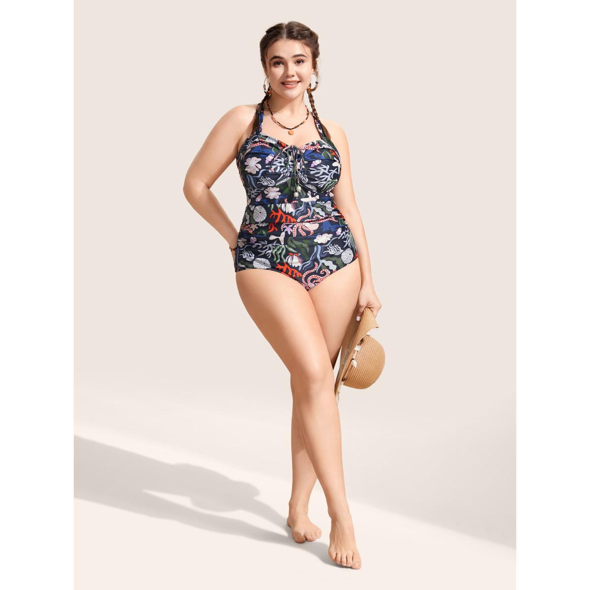 Plus Size Marine Elements Drawstring Gathered One Piece Swimsuit Women's Swimwear Multicolor Beach Gathered Curve Bathing Suits High stretch One Pieces BloomChic 10/M Product Image