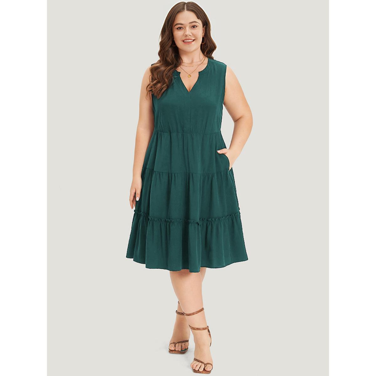 Plus Size Supersoft Essentials Notched Ruffle Layered Hem Sleeveless Dress Green Women Elegant Gathered V-neck Sleeveless Curvy Midi Dress BloomChic 22-24/3X Product Image