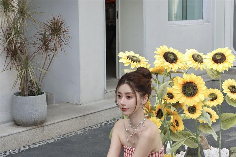 Strapless Gingham Lace Panel Ruched Maxi A-Line Dress Product Image