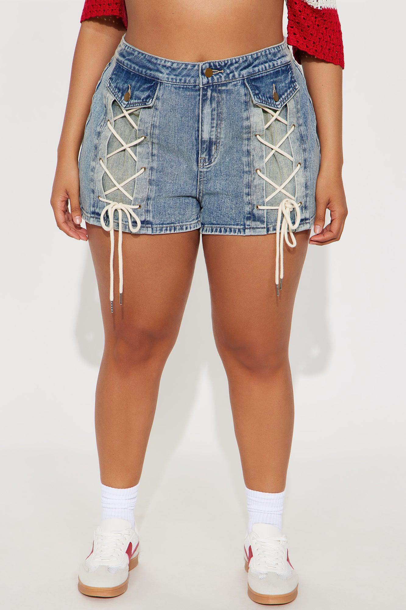Reaching New Levels Lace Up Denim Shorts - Vintage Wash Product Image