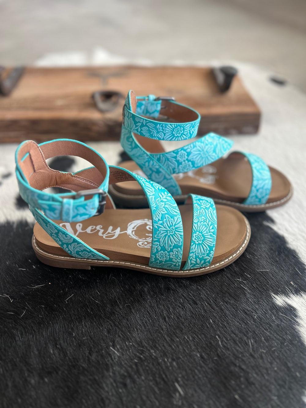 Sylvie Turquoise Tooled Strap Sandals Product Image