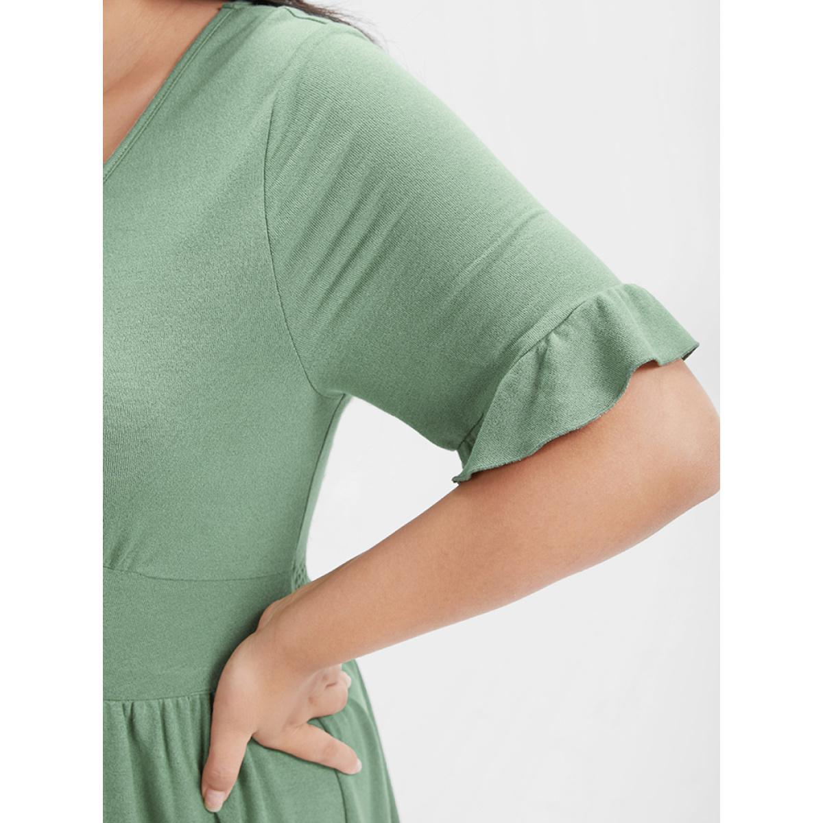 Plus Size Solid Shirred Ruffles Button V Neck Midi Dress LightGreen Women Elegant Gathered V-neck Short sleeve Curvy Midi Dress BloomChic 12/L Product Image