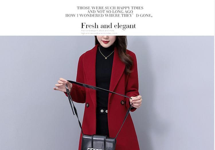 Shawl Collar Plain Midi Double Breasted Coat Product Image