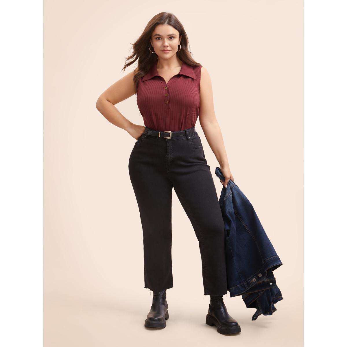 Plus Size Shirt Collar Pit Strip Button Up Tank Top Women Burgundy Casual Texture Shirt collar Everyday Tank Tops Camis BloomChic 30/6X Product Image