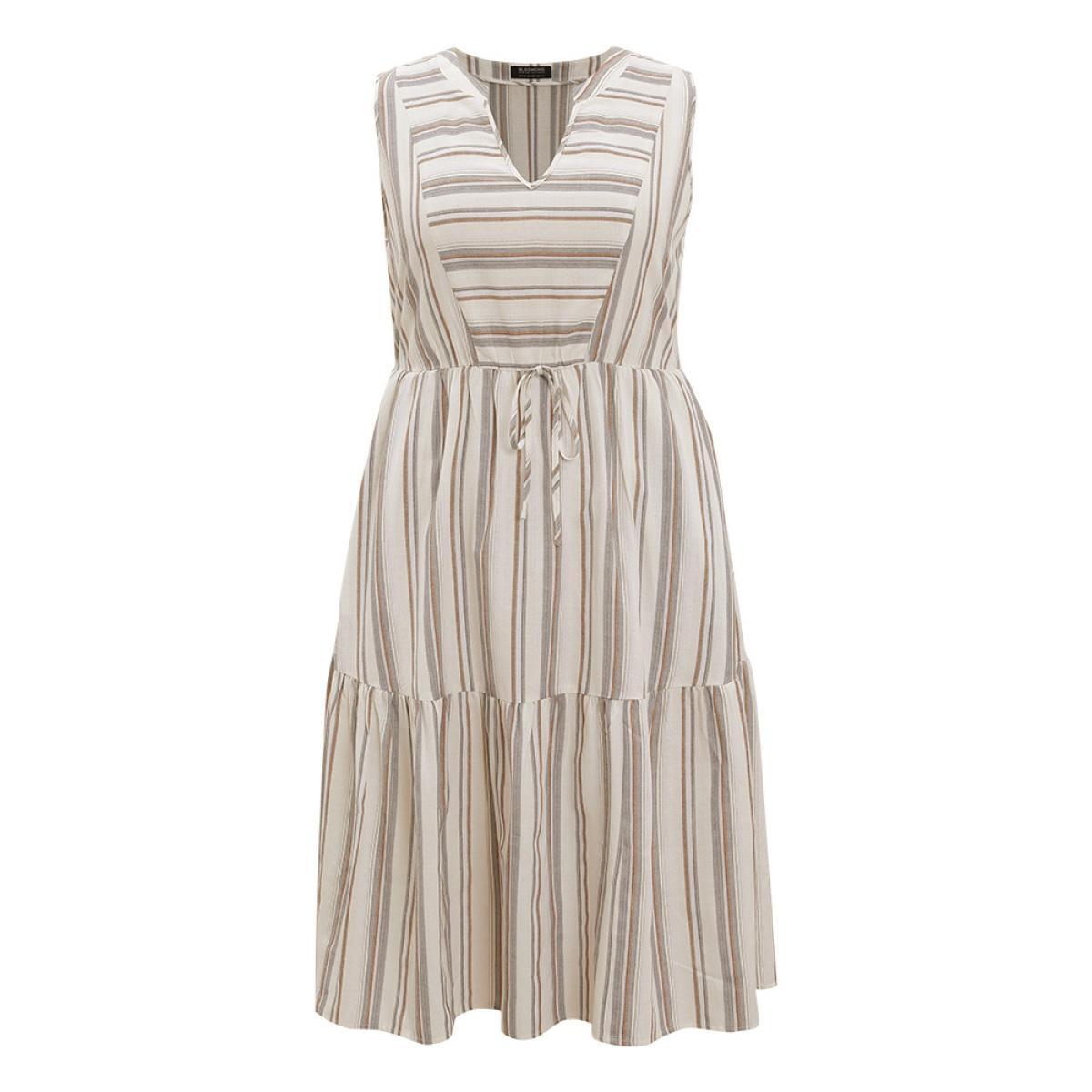Plus Size Striped Print Knot Pocket Layered Hem Tank Dress Stone Women Elegant Patchwork Notched collar Sleeveless Curvy Midi Dress BloomChic 26/4X Product Image