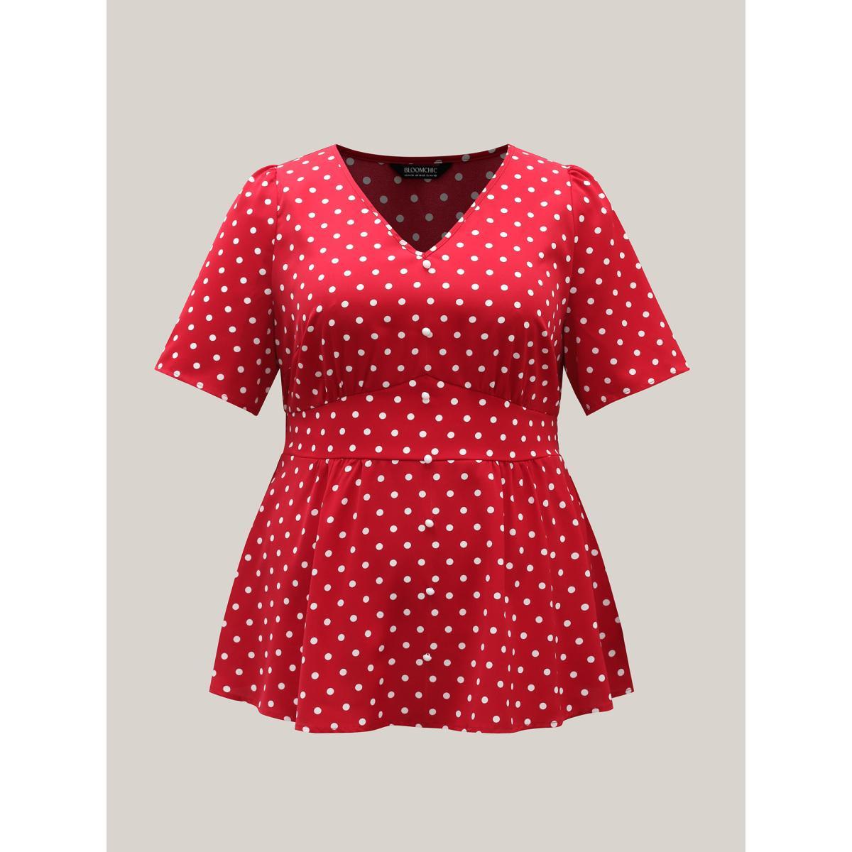 Plus Size Brightred Polka Dots Shirred Waist Blouse Women Short sleeve V-neck Everyday-Elegant Blouses BloomChic 30/6X Product Image