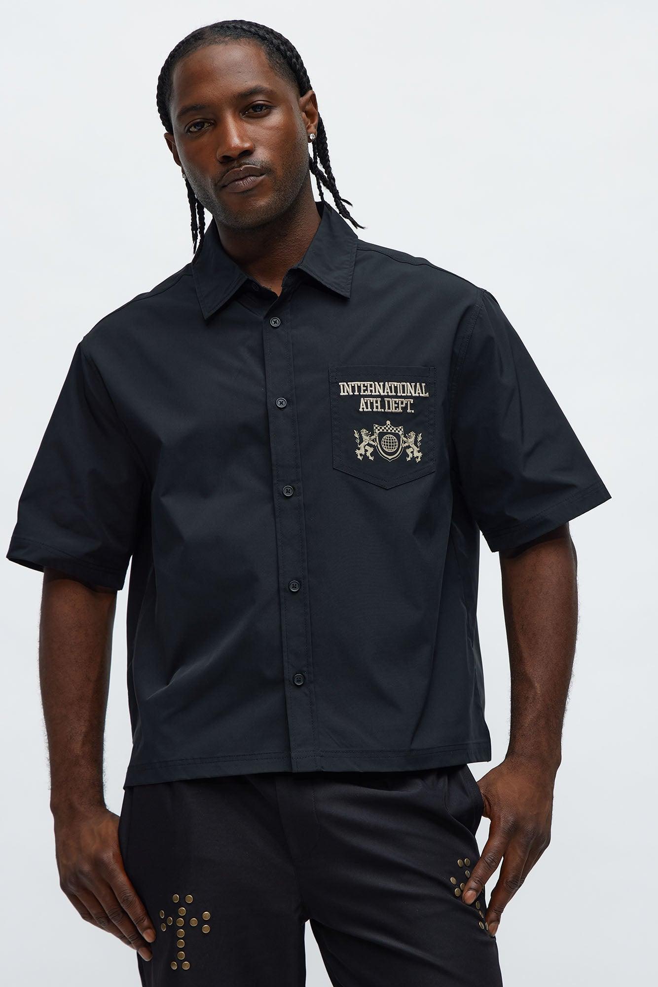 Cropped Athletic Dept. Short Sleeve Button Up Shirt - Black Product Image