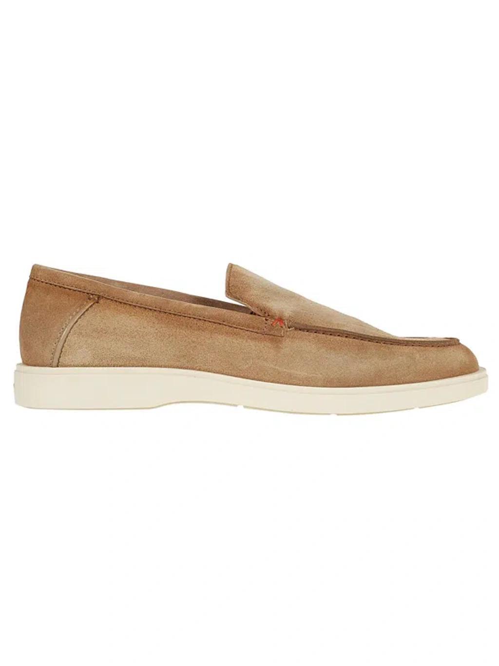 SANTONI Rounded Toe Suede Loafers With Contrast Sole In Braun Product Image