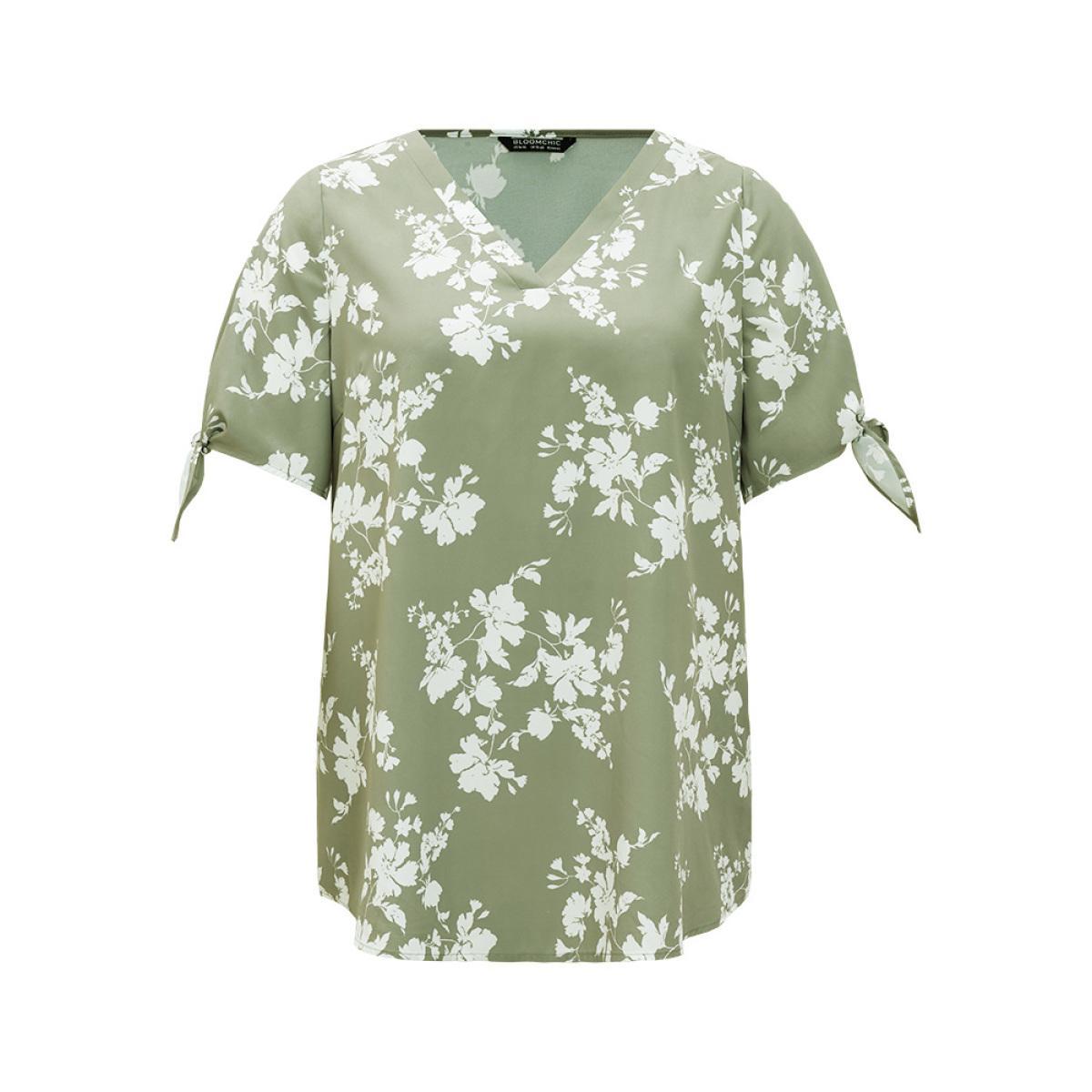 Plus Size Mint Floral Knot Sleeve V Neck Blouse Women Elegant Short sleeve V-neck Dailywear Blouses BloomChic 30/6X Product Image
