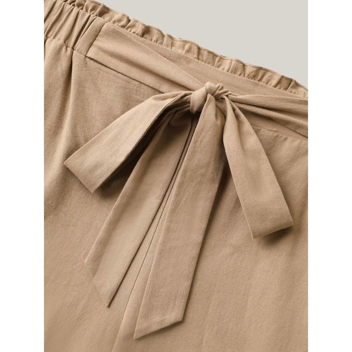Plus Size Belted Smocked Straight-Leg Pants Women LightBrown Resort Straight Leg Mid Rise Vacation Pants BloomChic 30/6X Product Image