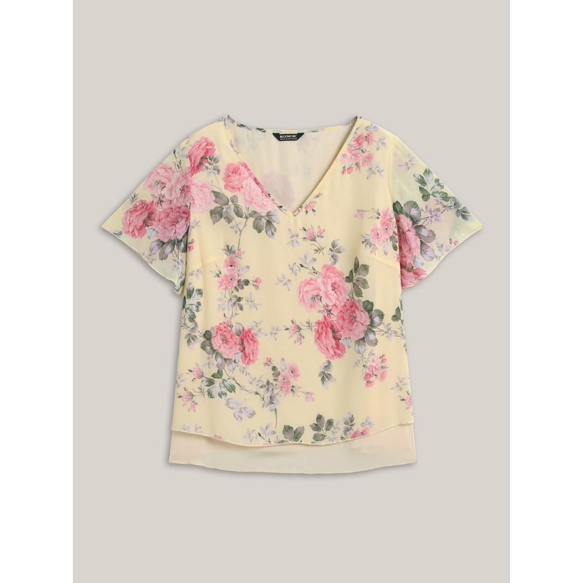 Plus Size Lightyellow Large Flower Print Layered Hem Blouse Women Short sleeve V-neck Everyday-Elegant Blouses BloomChic 18-20/2X Product Image